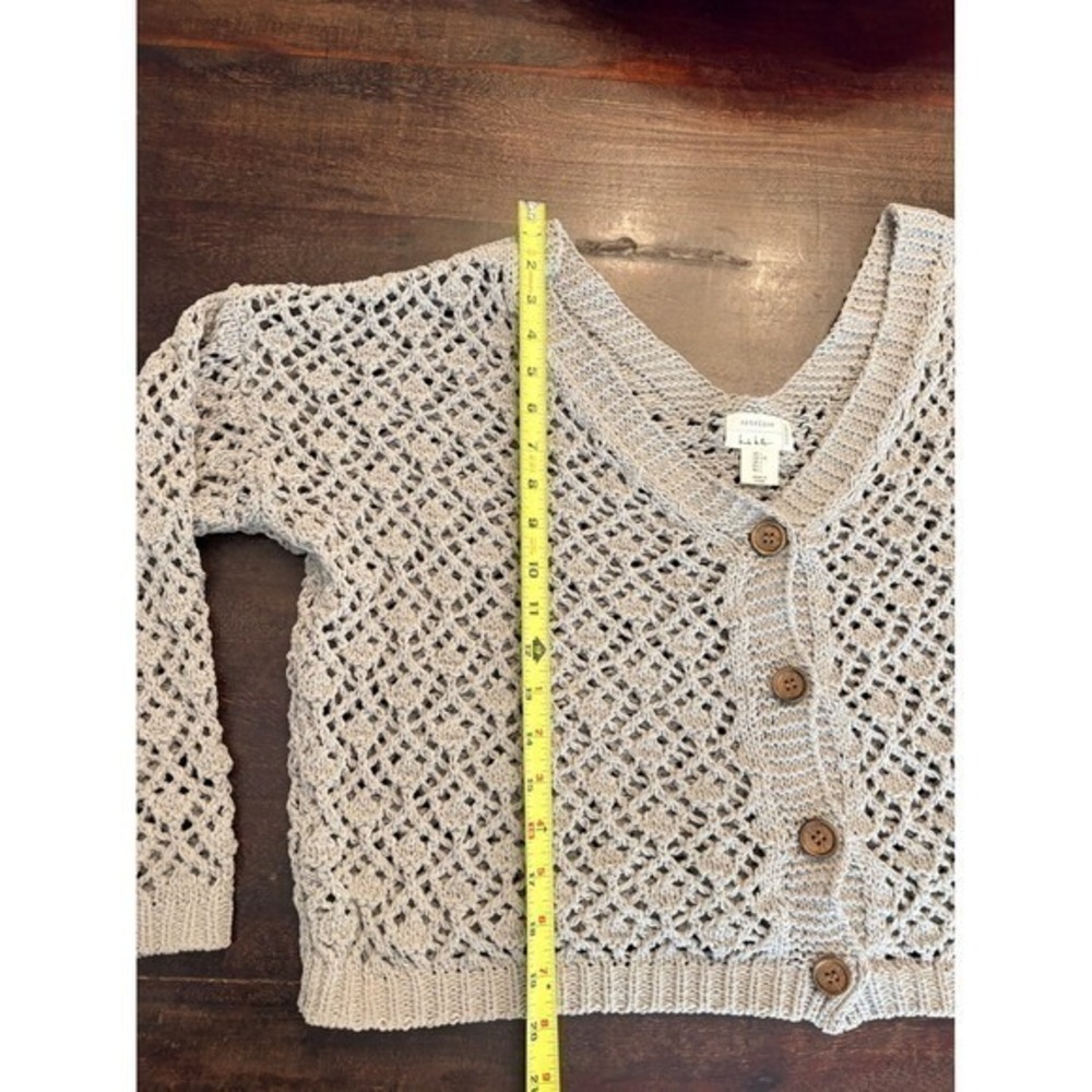 Nicole Miller Artelier Crochet Knit Button Front Grey Cardigan Boho Chic large - Picture 13 of 15